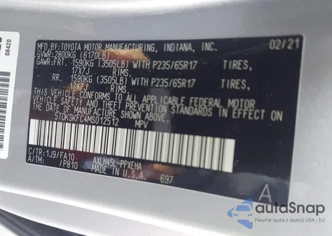 2021 Toyota Sienna Le z USA, uszkodzony, nr VIN 5TDKSKFC4MS012512